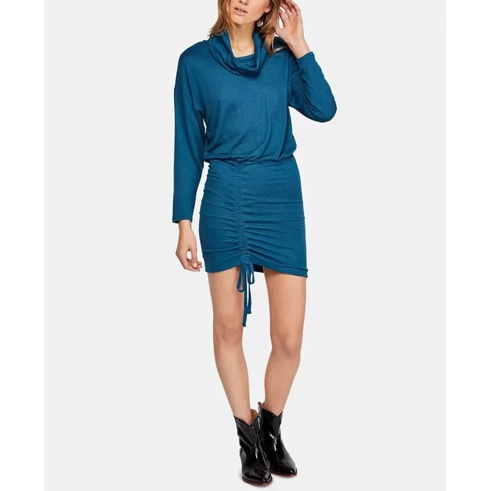 FREE PEOPLE Sundown‎ Cowl Neck Blouson Gathered Dress Teal Size Large L $128